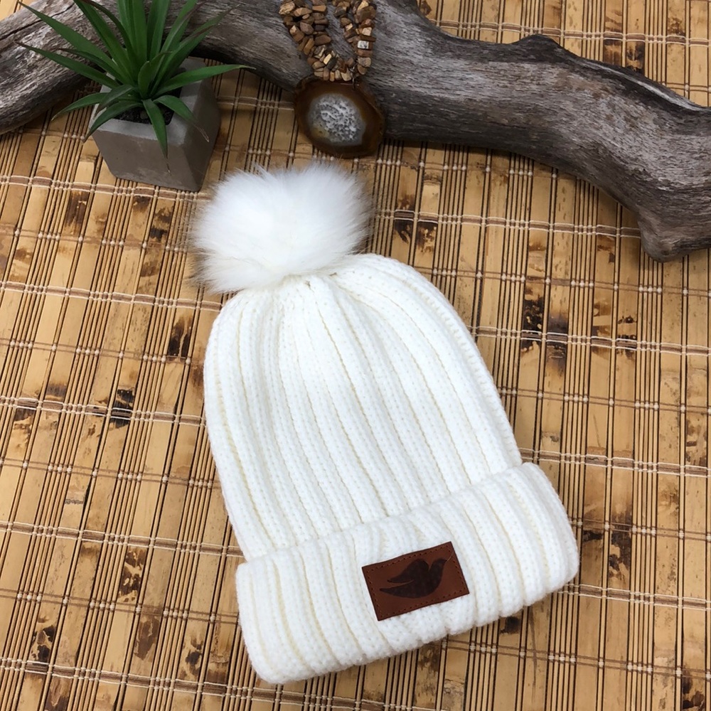 White Knit Winter Hat with Pom Pom